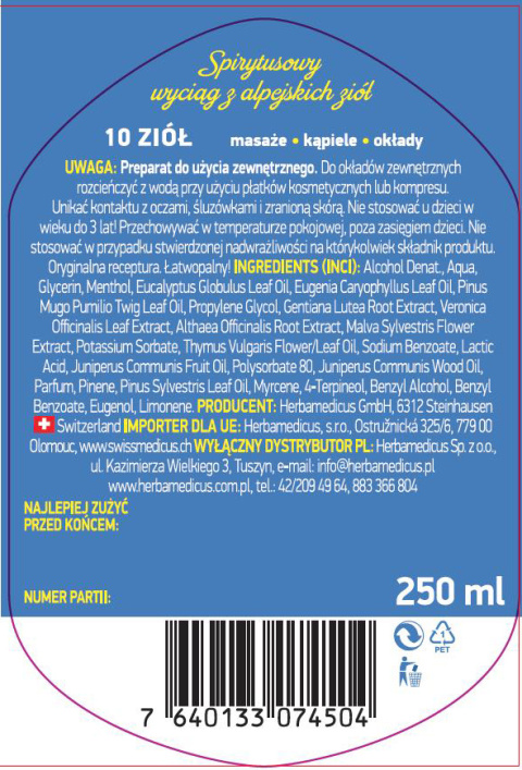 Skład - Spirytusowy Wyciąg z 10 Alpejskich Ziół - 250 ml Skład - Spirytusowy Wyciąg z 10 Alpejskich Ziół - 250 ml