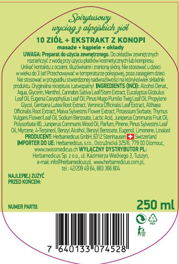 Skład - Spirytusowy Wyciąg z 10 Alpejskich Ziół z konopiami - 250 ml