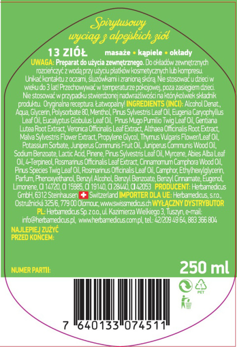 Skład - Spirytusowy Wyciąg z 13 Alpejskich Ziół - 250 ml Skład - Spirytusowy Wyciąg z 13 Alpejskich Ziół - 250 ml